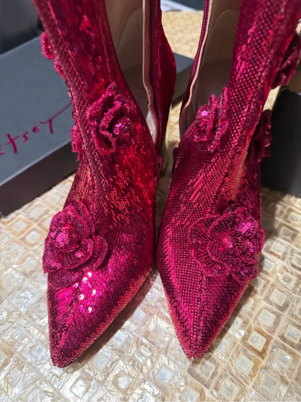 Betsey Johnson Deep Pink Velvet Sequin Floral Ankle Boots